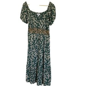 Myra Bag Womens Dress Size Large Floral Green Midi Smocked Waist‎ Boho Cottage